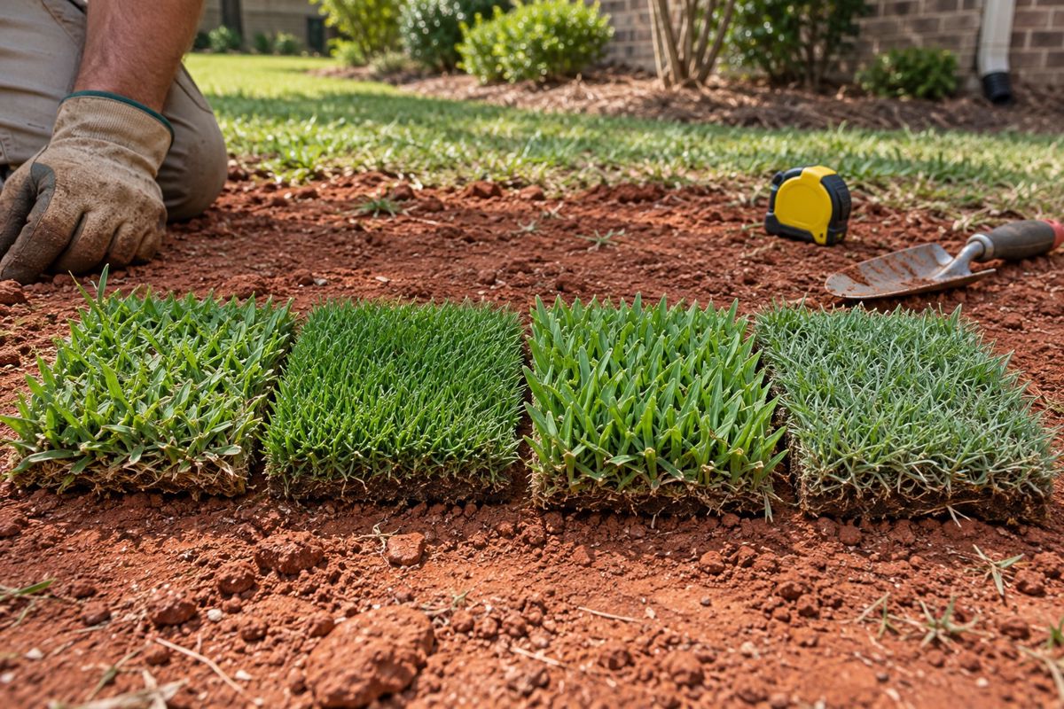 Four patches of different grass sod side by side on red clay