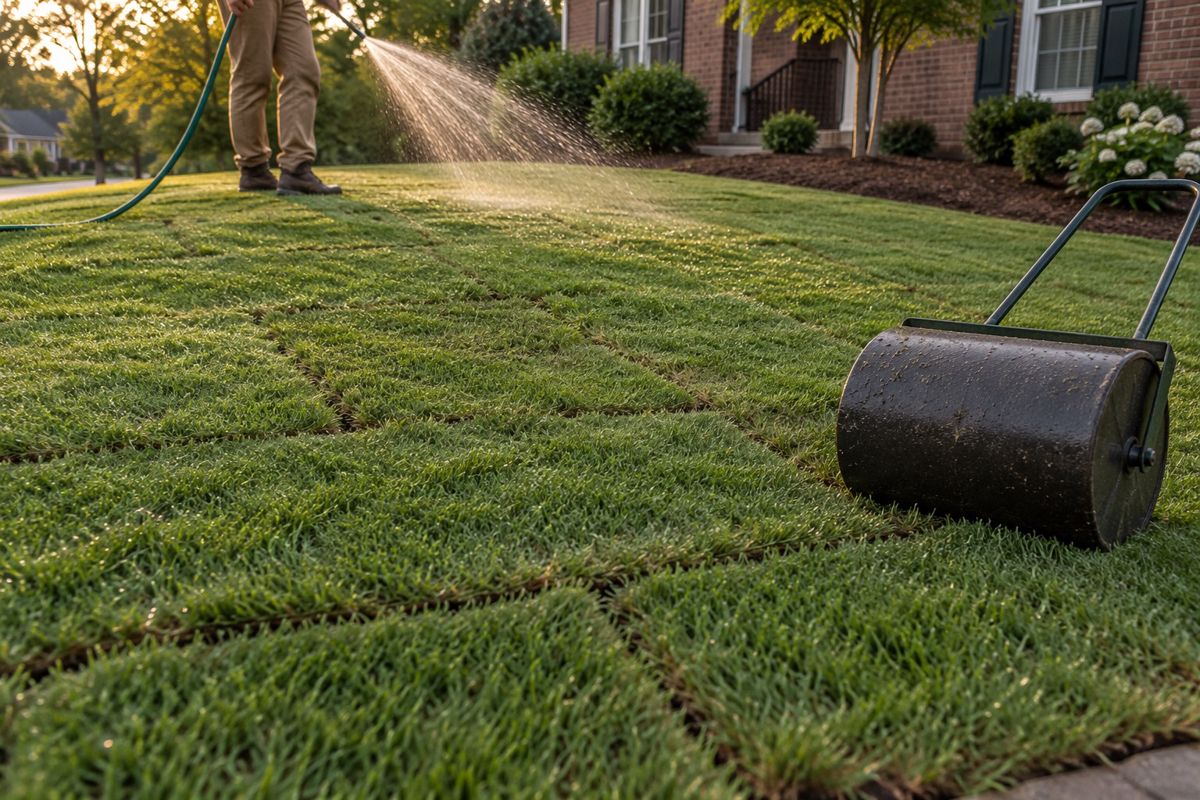 Freshly laid sod lawn being watered next to a lawn roller