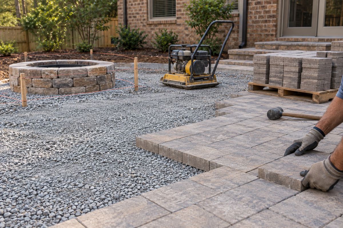 Gloved hands laying concrete pavers on a stone base for a backyard patio