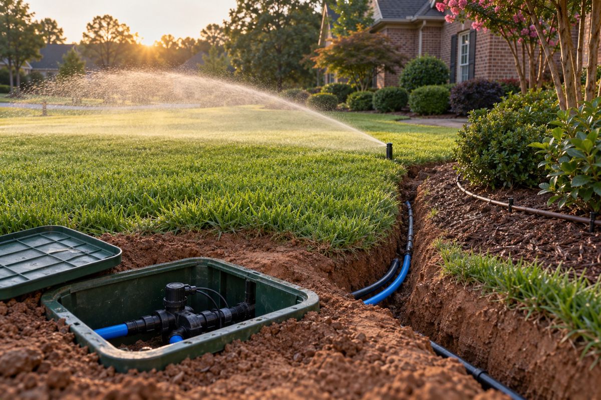 Sprinkler head watering a green lawn next to an open pipe trench