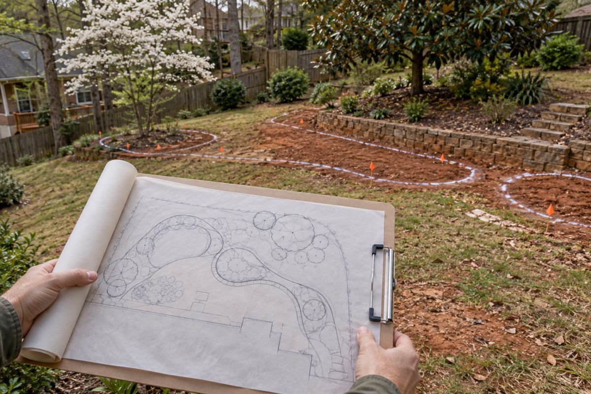 Hands holding a sketched yard plan above staked bed outlines on a sloped lawn