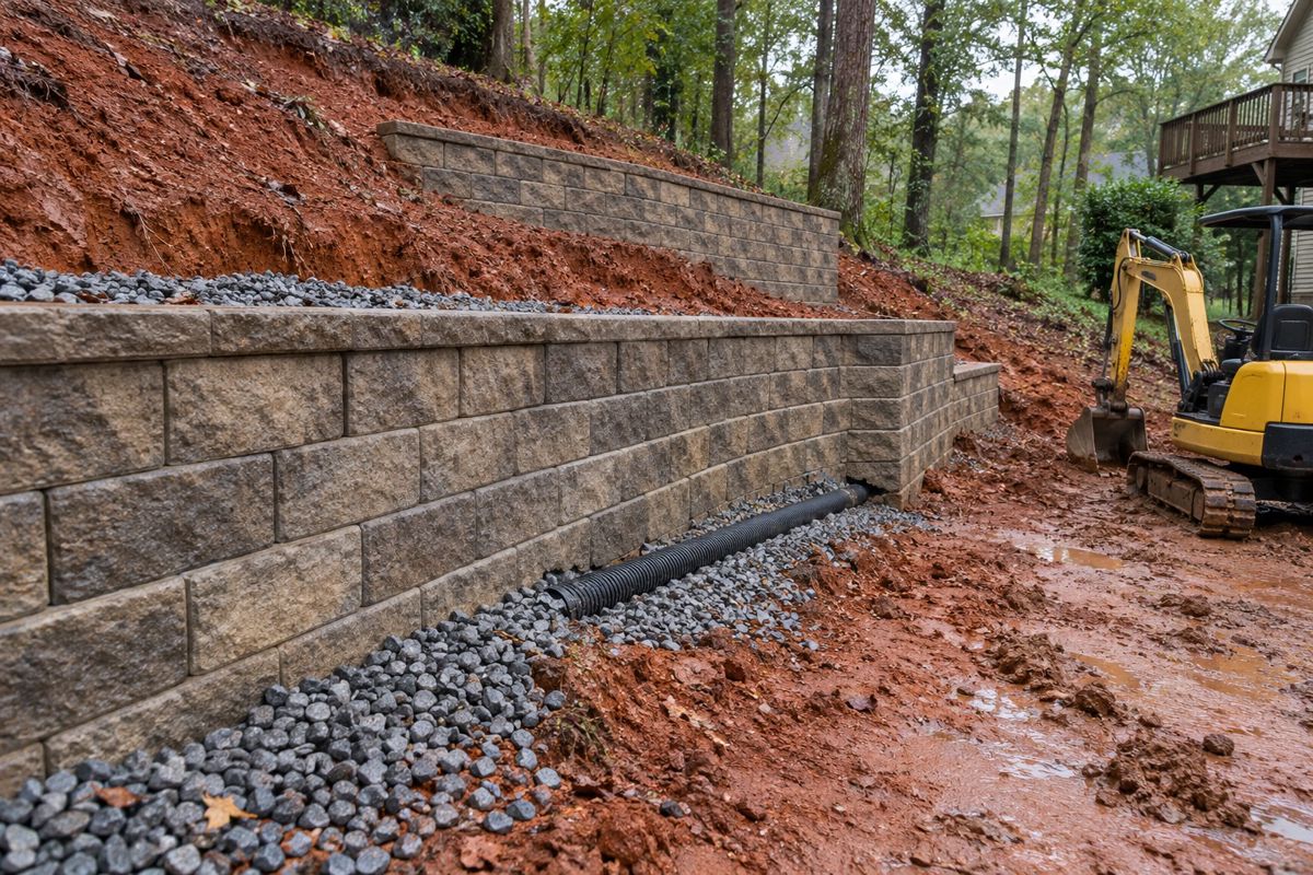 New block retaining wall with drain pipe and crushed stone behind it on a slope