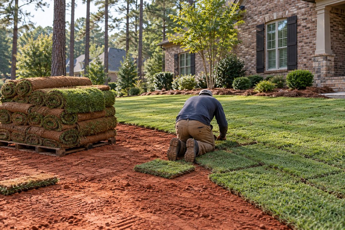 Worker kneeling to lay staggered rolls of green sod over graded soil